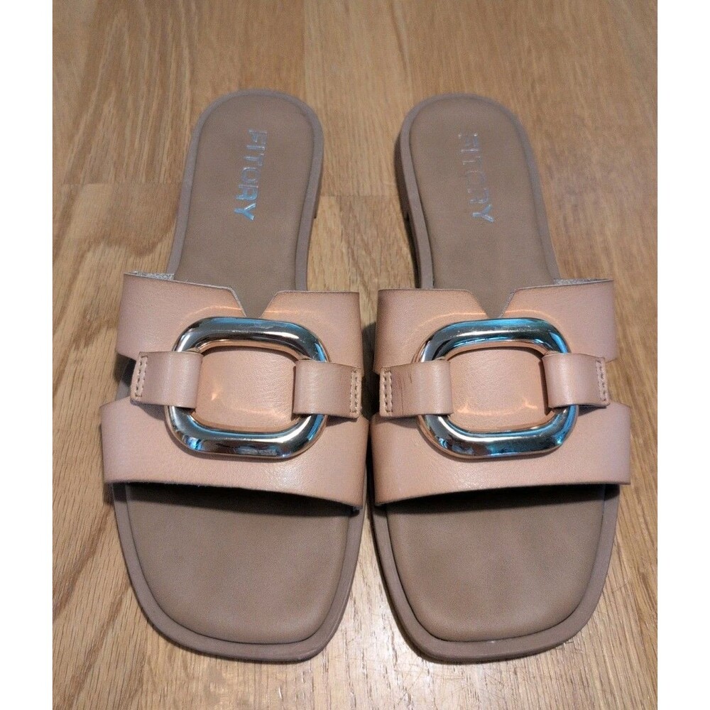 FITORY Women's Flat Sandals Fashion Square Open Toe Slides W/Gold Buckle Size 7